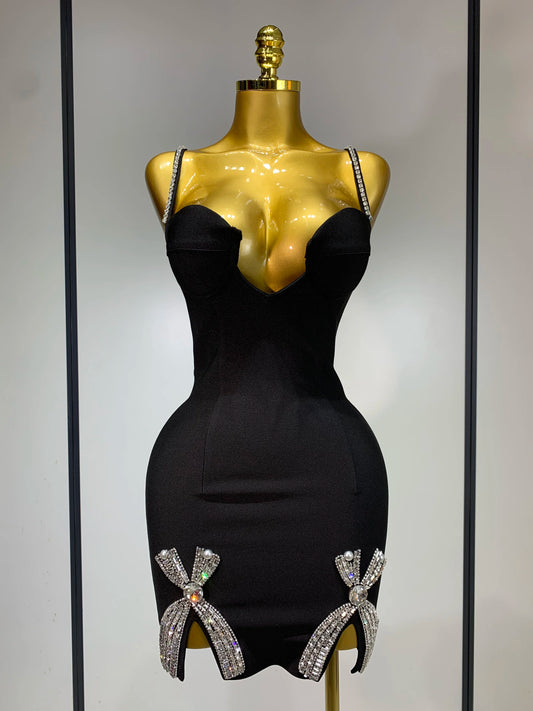 Women Celebrity Sexy V Neck Beading Black Mini Bodycon Bandage Dress
