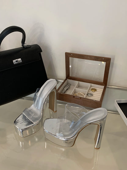 Designer PVC Transparent Platform Slippers Women Square Toe High Heels Slides Shoes