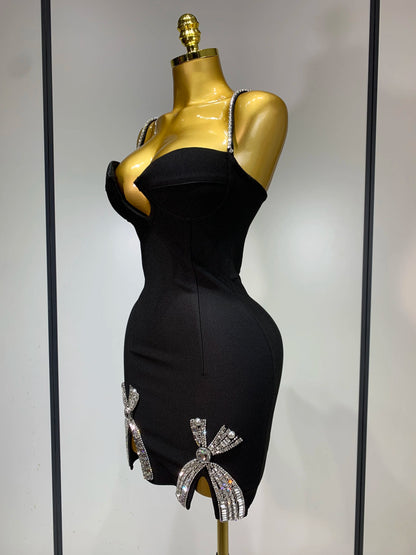 Women Celebrity Sexy V Neck Beading Black Mini Bodycon Bandage Dress
