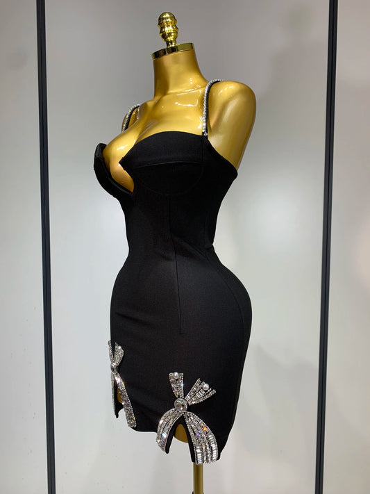 Women Celebrity Sexy V Neck Beading Black Mini Bodycon Bandage Dress