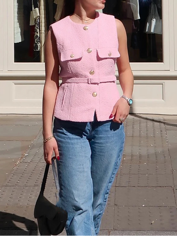 Vintage Round Neck Textured Vest Top Casual Sleeveless Tops