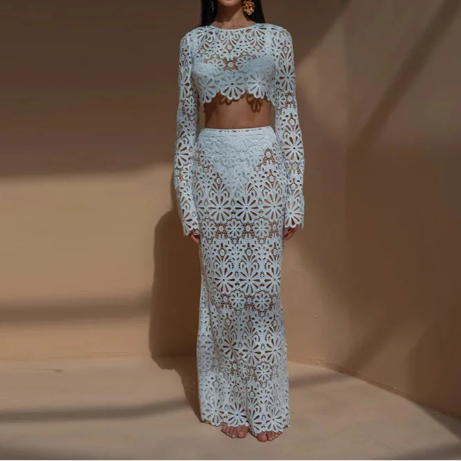 Summer Vacation See Through Crochet Top Women Set Hallow Out Flare Long Sleeve Skirts Set