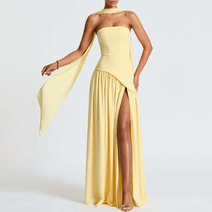 Elegant Strapless Scarf Neck Pleated Dress Woman Sexy Slim Solid Backless Evening Dress