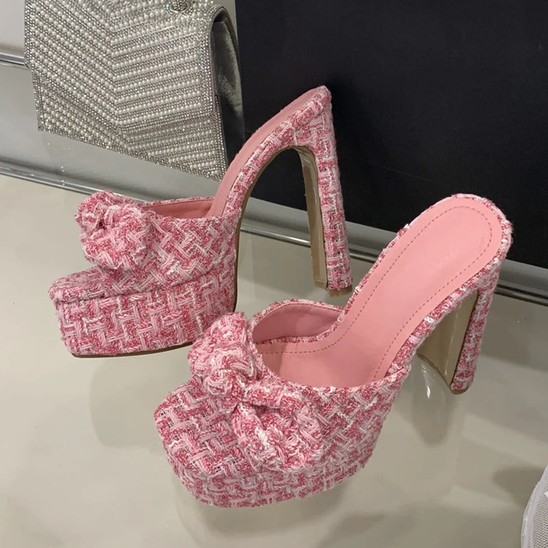 Pink Cloth Bowknot Square Toe Super High Heels Platform Slippers for  Women