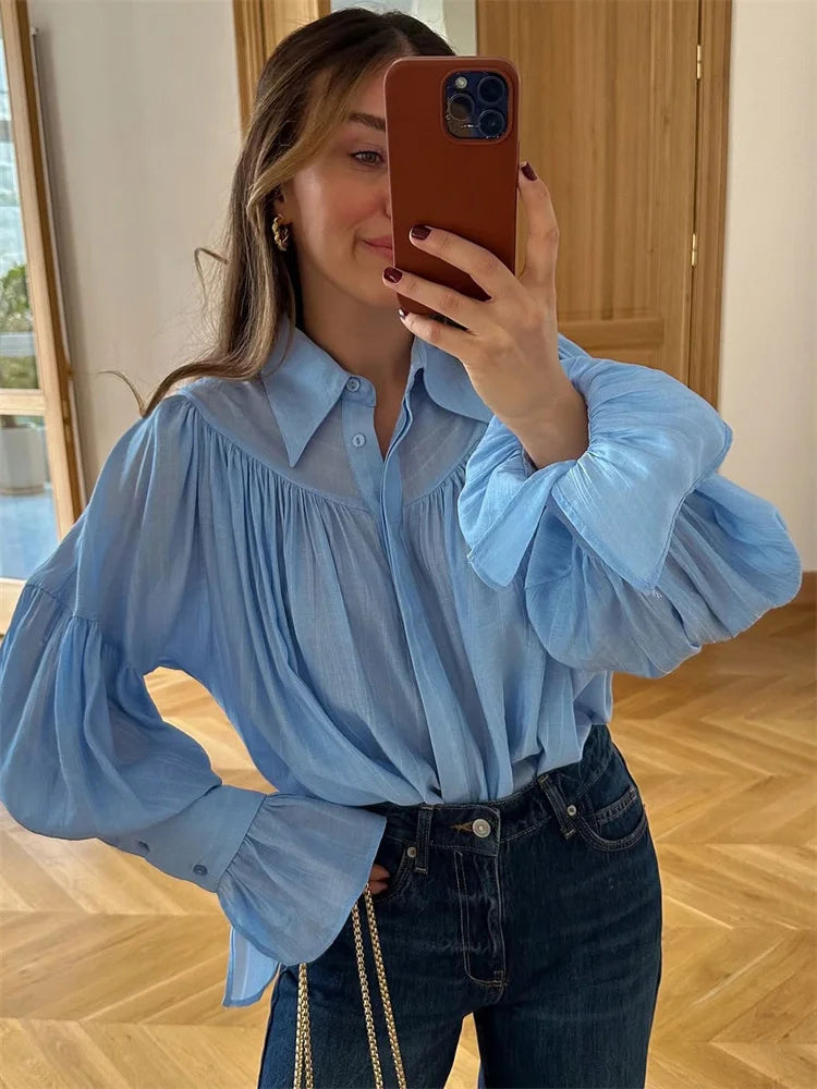 Summer Ruffled Loose Shirts For Women Lapel Long Sleeve Casual See-Through Blouse