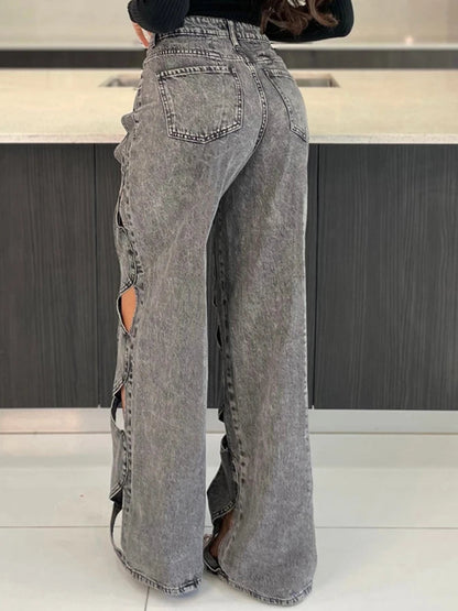 Stretchy Cross Hollow Out Loose Denim Cargo Pants for Women