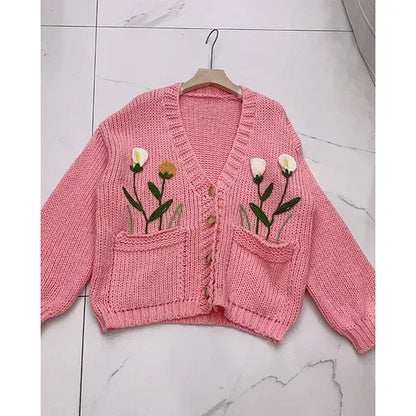 Women Handknit Floral Vintage Apricot Cardigan Women Sweater Clothes Knitwear
