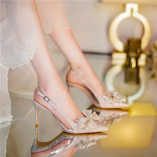 Ladies Thin Transparent Pointed Toe Open High Heel Sandals Silver Bow Comfort Heels