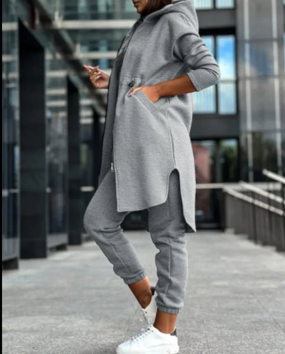 Women Pant Set Hooded Zipper Long Coats Two Piece Suits Casual Straight Pants