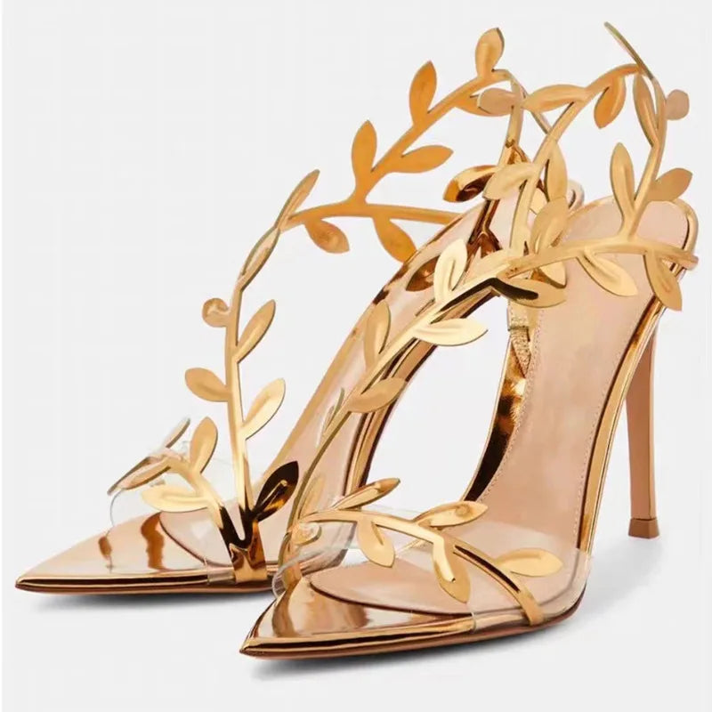 Gold High Heels Women's Metallic Patent Leather Thin Heel Pointed Toe Heels