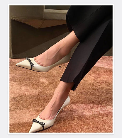 Butterfly Knot Color Blocked Shoes for Women Pointed Shallow Mouth Slim Heel High Heels