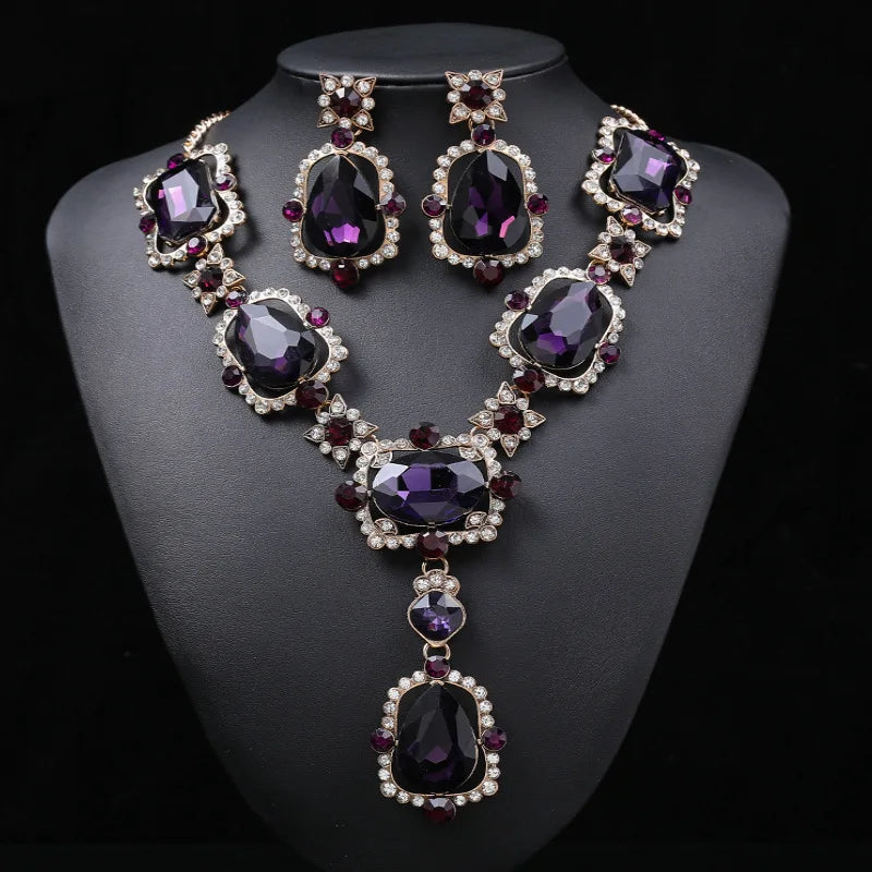Women Royal Wedding Statement Chunky Crystal Drop Earrings and Amethyst Choker Necklace