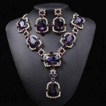 Women Royal Wedding Statement Chunky Crystal Drop Earrings and Amethyst Choker Necklace
