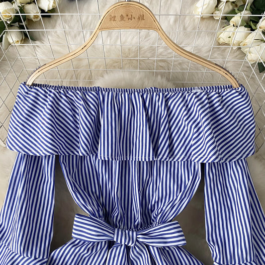 Women Striped ruffle Jumpsuit  High Waist Casual Romper Summer Playsuit