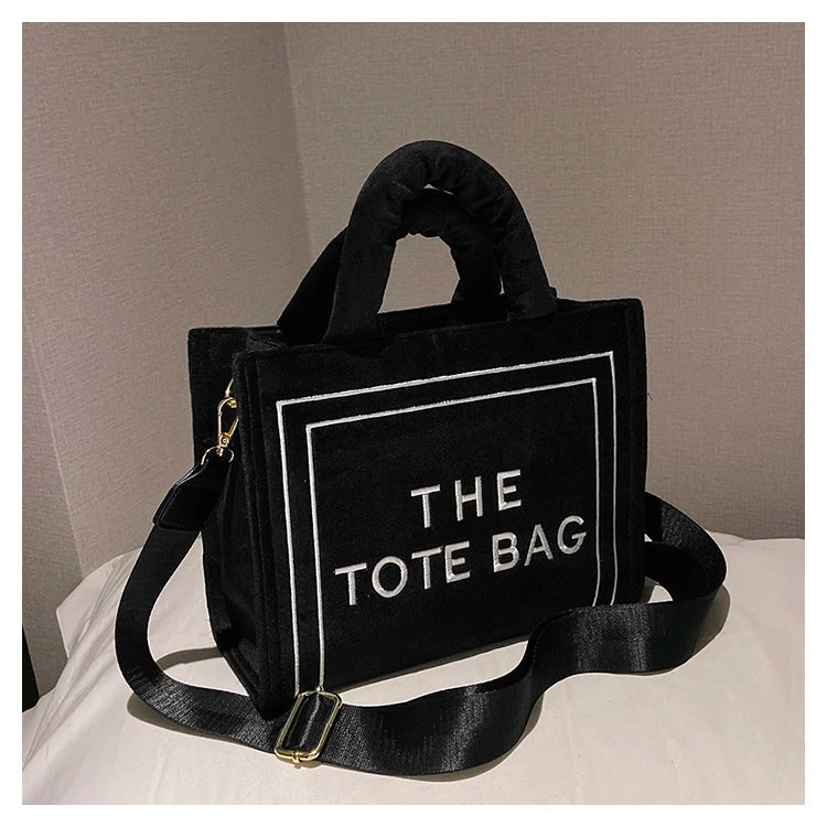 Women's Khaki Velour Tote Bag Original Letter Print Shopper Handbag