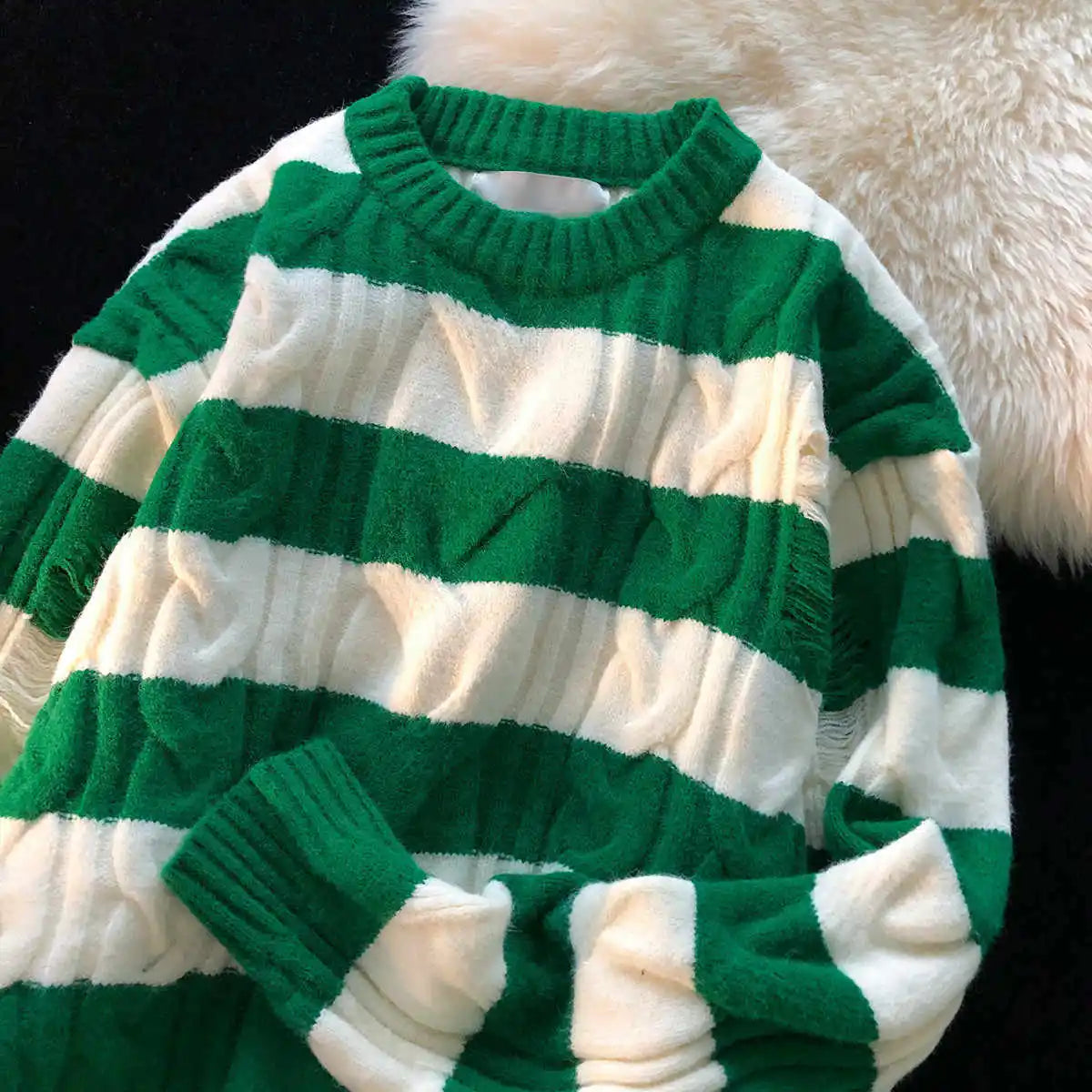 Women Striped Knitwear Twist Sweater Loose Round Neck Pullover