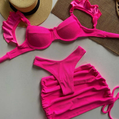 Solid Wavy Fabric Low Waist Ruffle Bikini Set Cover Up Swimsuit For Women