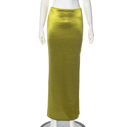 Shiny High Waist Hip Skirt Sexy Side Slit Bodycon Maxi Skirts Club Bottoms
