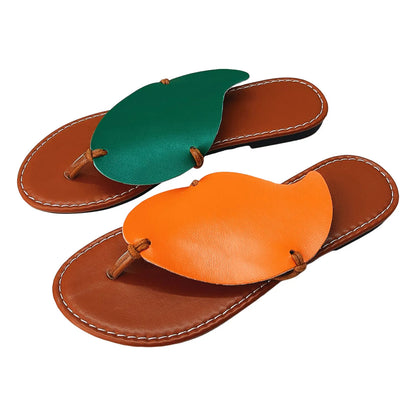 Flat Sandals For Women Ladies Summer Color Blocking Leaves Soft Leather Clip Toe Flat Yoga Sandals For Women