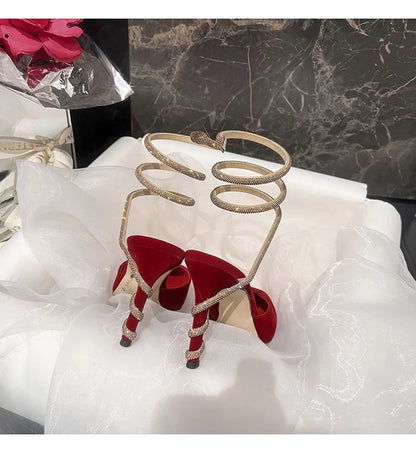 Women's Sexy Snake-Strap Rhinestone Suede Pointed High-heeled Wedding Shoes