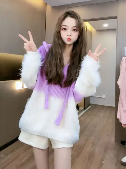 Tassel Pullover Long-Sleeved Sweater Hooded Loose Knitwear