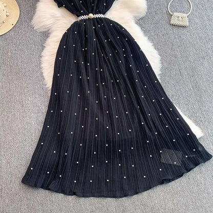 Summer Luxury Pearls Long Chiffon Dress For Women Loose Big Size Short Sleeve Crystal Birthday Evening Midi Pleated Dresses