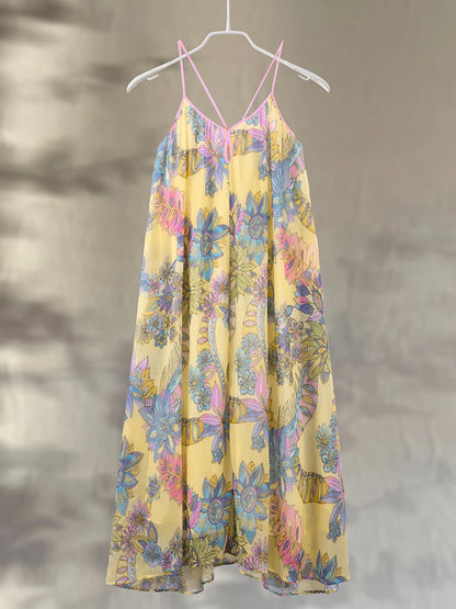 Print Floral Women's Dress Halter V-neck Sleeveless Hollow out Straight Vacation Dress