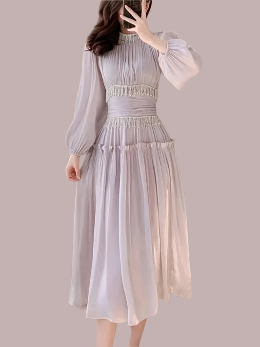 Luxury Chain Tassels Pleated High Quality Puff Sleeve Party Midi Dress Wedding Guest Dress