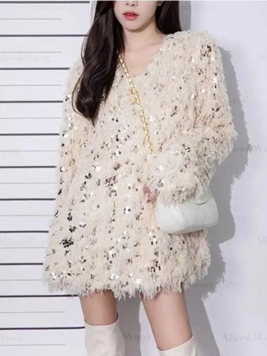 Heavy Sequined Pullover for Women Thick Warm Sweater