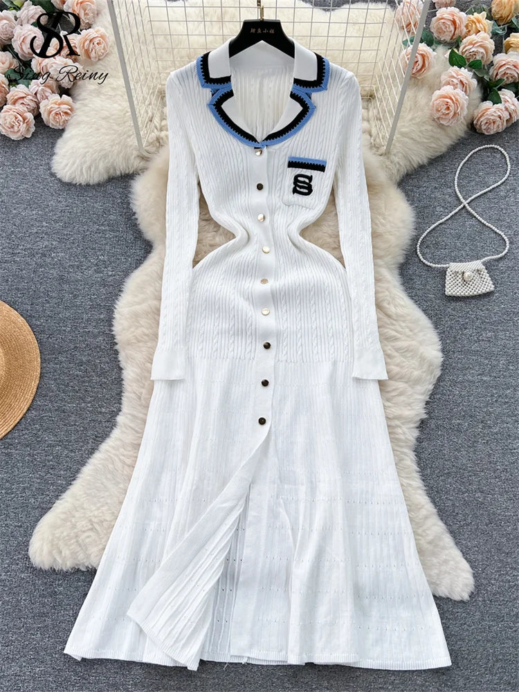 Women Polo Dress Single Breasted Pocket Design Bodycon Knitted Dress Sweater Midi Dress