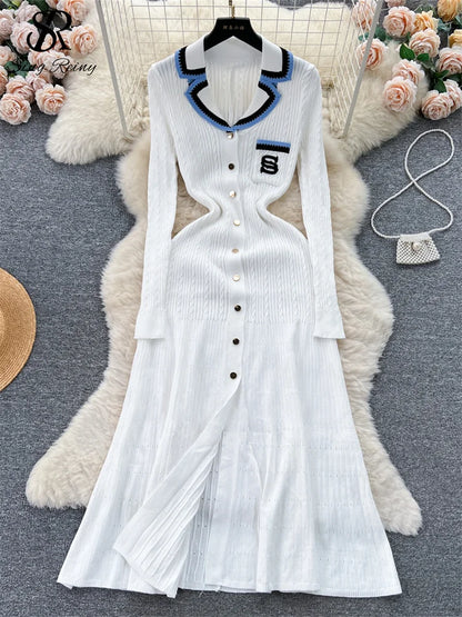 Women Polo Dress Single Breasted Pocket Design Bodycon Knitted Dress Sweater Midi Dress