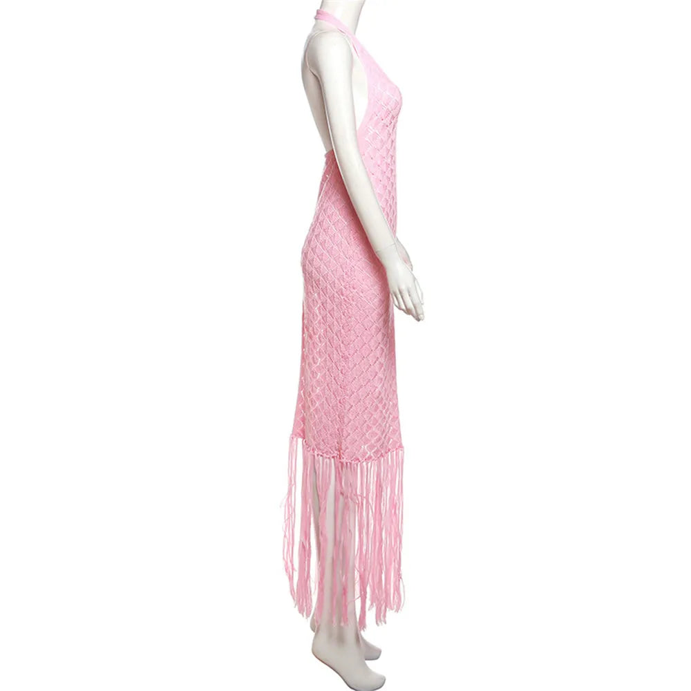 Sexy Deep V Neck Halter Tassel Women Knitted Long Bodycon Dress Maxi Dress