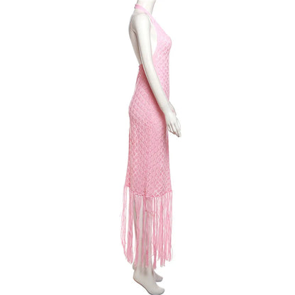 Sexy Deep V Neck Halter Tassel Women Knitted Long Bodycon Dress Maxi Dress