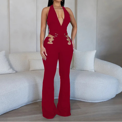 Women V-Neck Backless Straight Sleeveless Flare Jumpsuits One Piece Outfits
