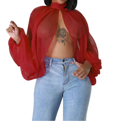 Womens Chiffon Blouse Sexy See Through Lantern Sleeve Front Back Open High Neck Blouses Tops