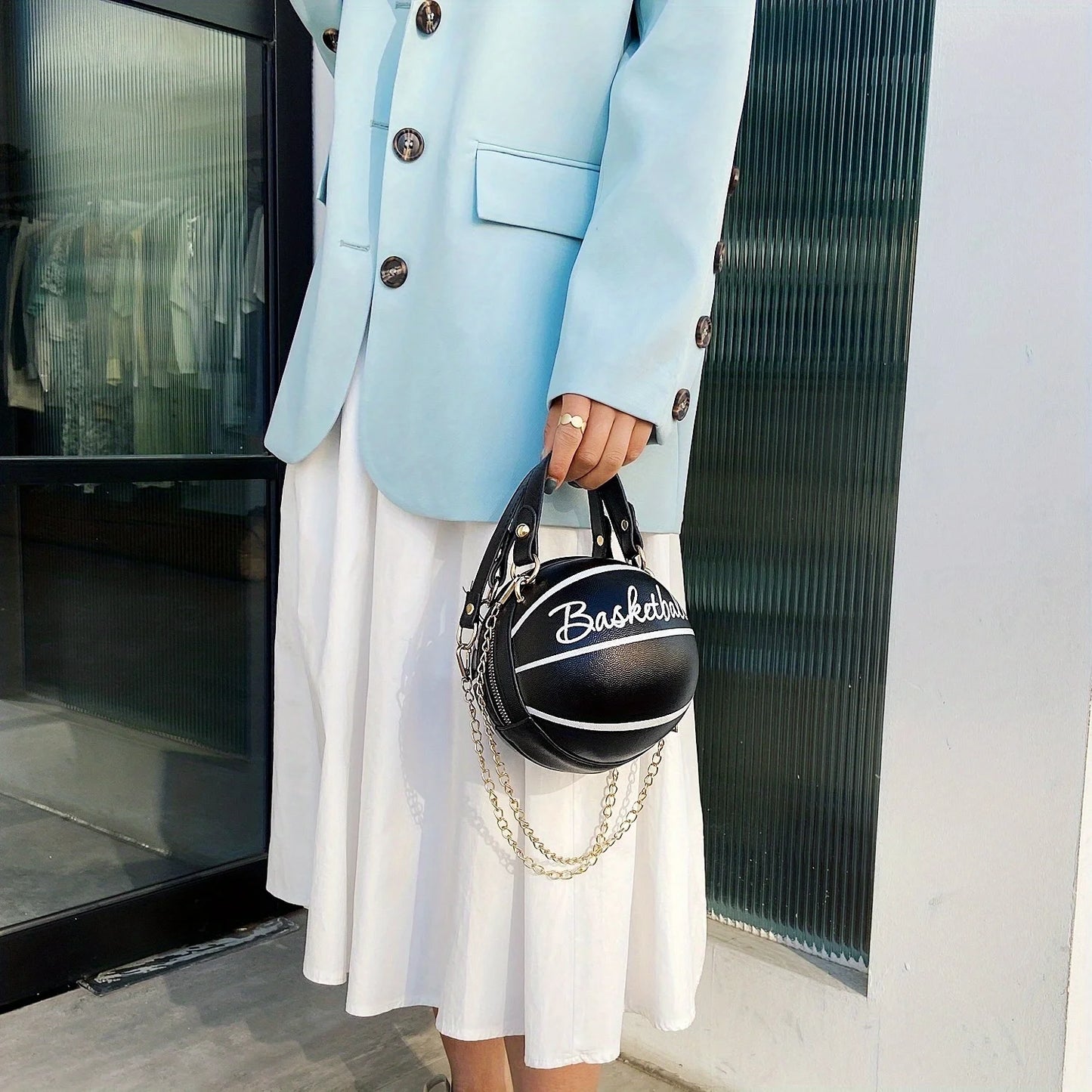 Basketball Shaped Crossbody Bag, Trendy Y2K Chain Shoulder Bag