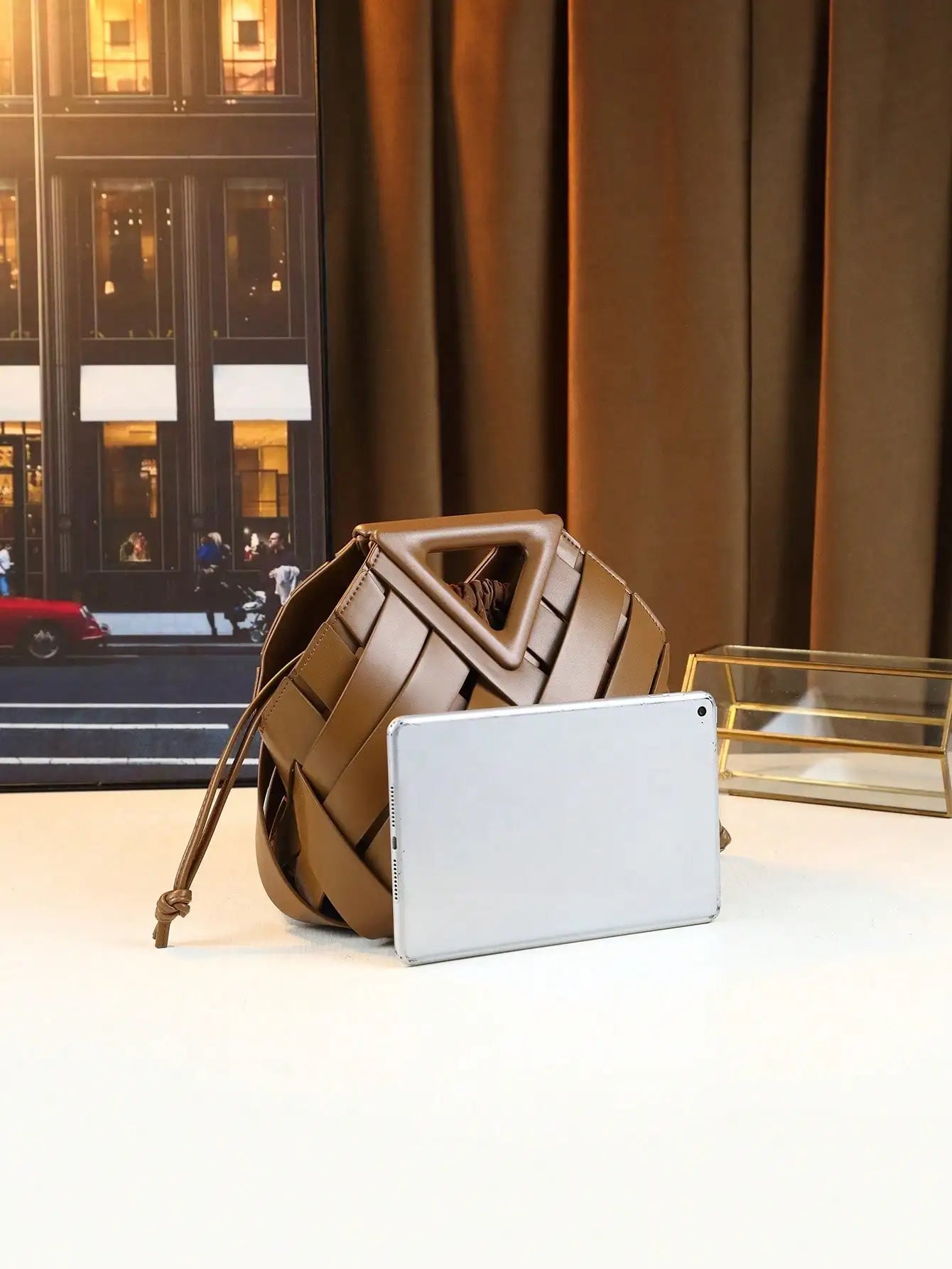 Woven Design Women Handbag, Tote Basket Bag, High-End Inverted Triangle Shaped Handbag