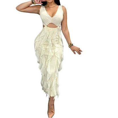 Wedding Guest Dress Women Sleeveless V-neck Ruffle Bodycon Midi Dress Birthday Outfit