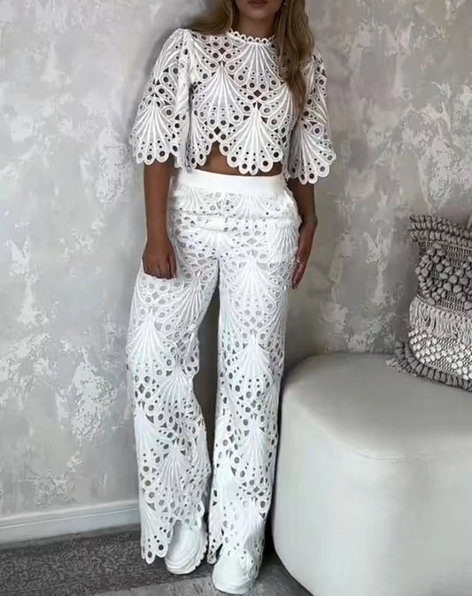 2 Pieces Outfit Lace Hollow Out Bell Sleeve Crop Top and Casual Slim Fit Straight Leg Pants Set