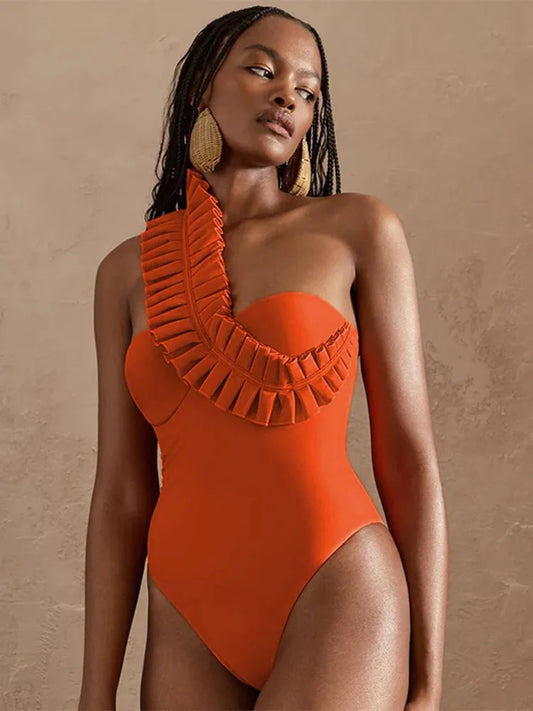 One-Piece Swimsuit Solid Bathing Suit Vacation Beachwear Ruffle Swimming Suit