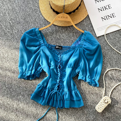 French Style Chiffon Blouse Square Neck Short Sleeves Ruffles Lace Up Beach Top