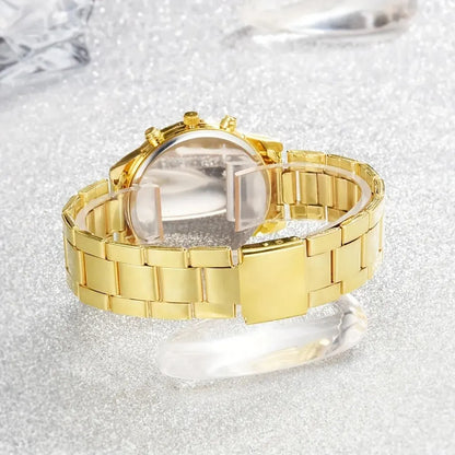 5 PCS Set Gold Watch Women Luxury Ring Necklace Earrings Rhinestone Fashion Wristwatch
