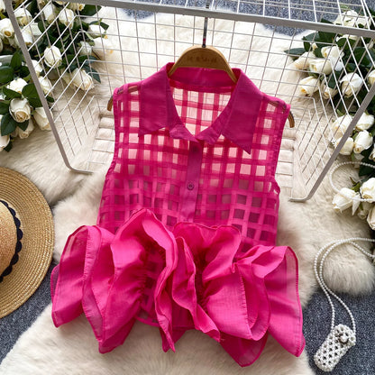 Vintage Bandage Lace Sleeveless Blouse Slim Elegant Korean Fashion Sexy Shirt