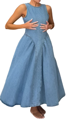 Women's Vintage Hollow Out Denim Maxi Dress Backless A Line Denim Robes Lace Up Dress