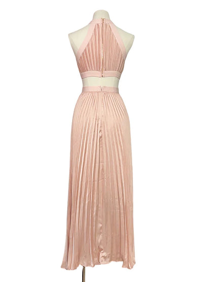 Sexy Halter Neck Cutout Pleated A-line Long Dress Pink Sleeveless Backless Party Dress