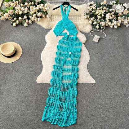 Hollow Out Female Beach Suits Fashion Cross Halter Camis+Split Long Skirt Two Piece Set Vacation Sets