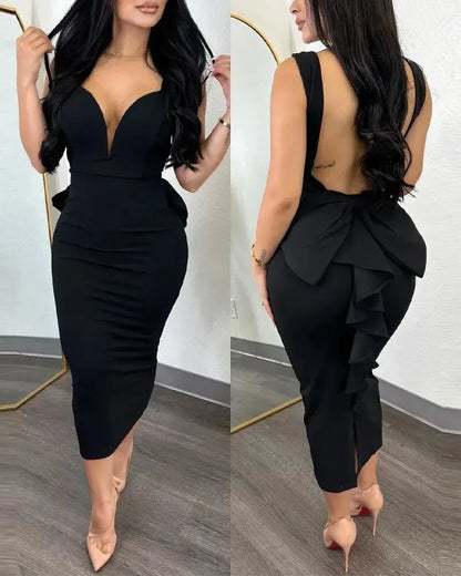 Sexy Plunging V-neck Backless Bowknot Ruffles Bodycon Midi Dresses for Women Party Night Elegant Club Celebrity Prom Dress