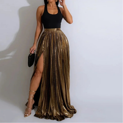 High Side Split Big Swing Pleated Floor Length Skirt High Waist Maxi Skirts