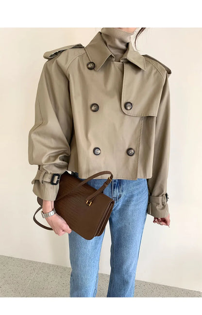 Vintage Double Breasted Crop Jacket Trench Jackets Women Loose Chic Windbreaker