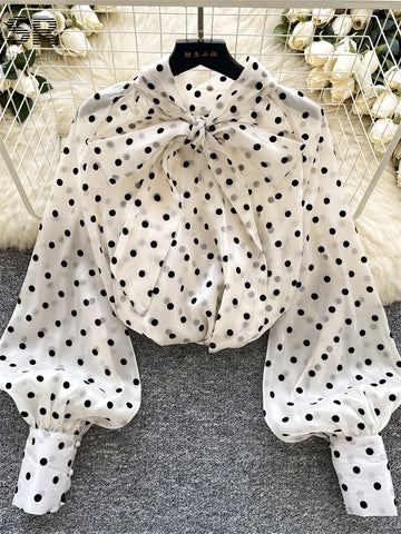 Vintage Polka Dot Tops Puff Sleeve Bow Lace Up Design Blouse